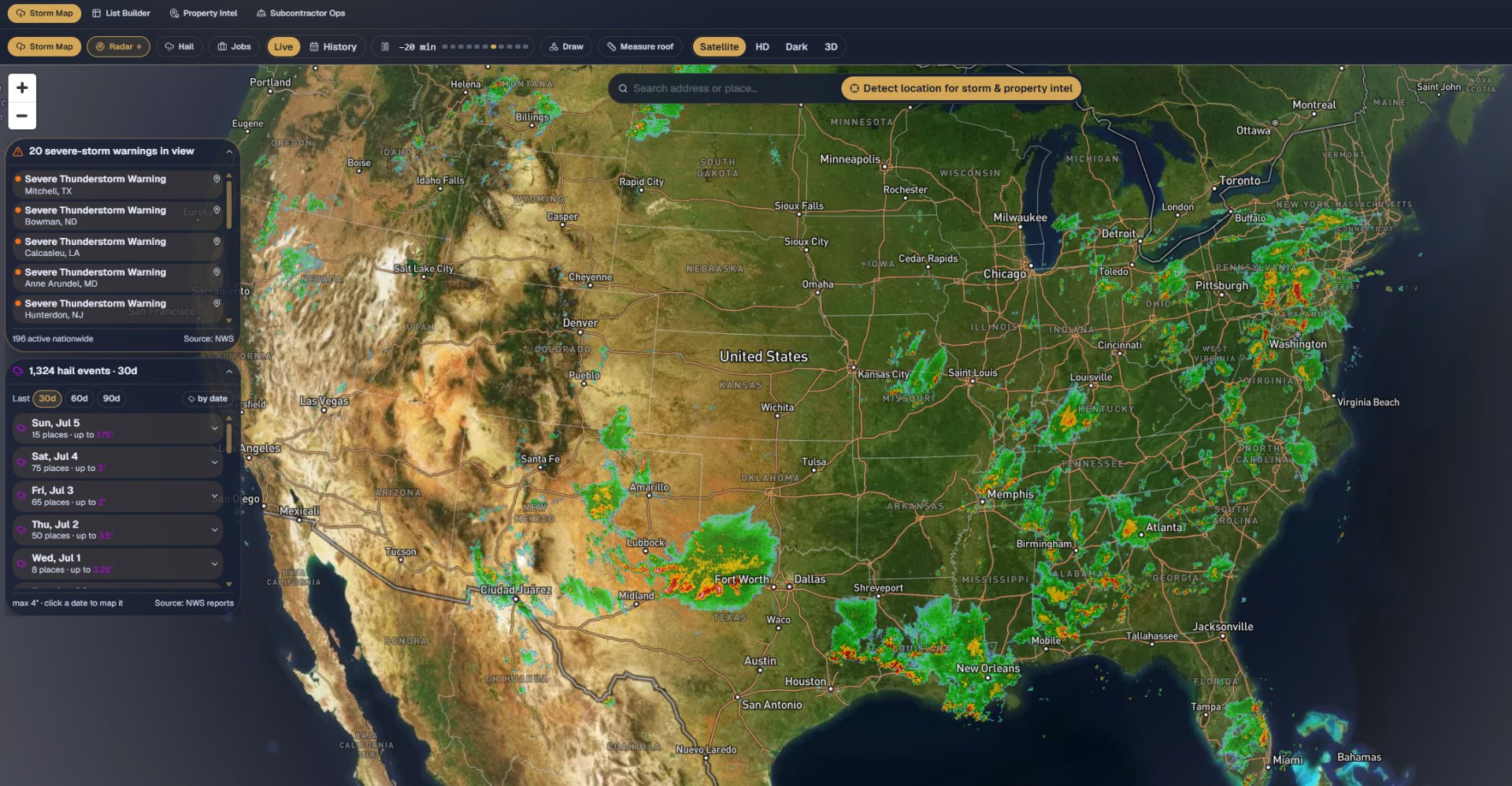 WeatherOps live Doppler storm radar — nationwide, with severe-storm warnings and 30-day hail history